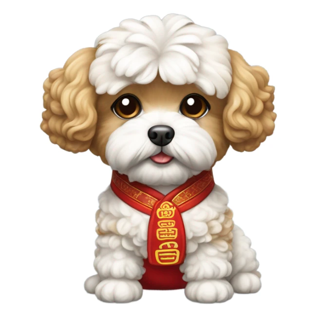 maltipoo wearing chinese customs in red sticker