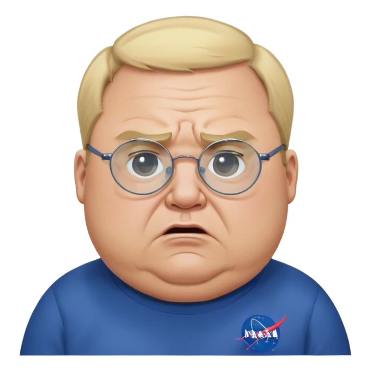 angry fat man, crying like a kid,  blond short and hight receding hairline, wearing a dark blue sweatshirt, nasa logo on the sweatshirt, round glasses without frame, 40 years old sticker
