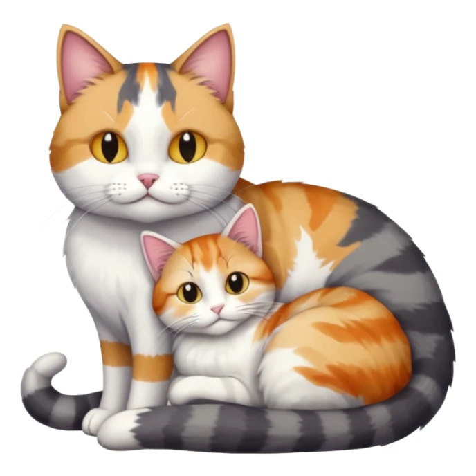 full body colourful light patched calico + white tabby cat cuddling a big grey and white cat  sticker