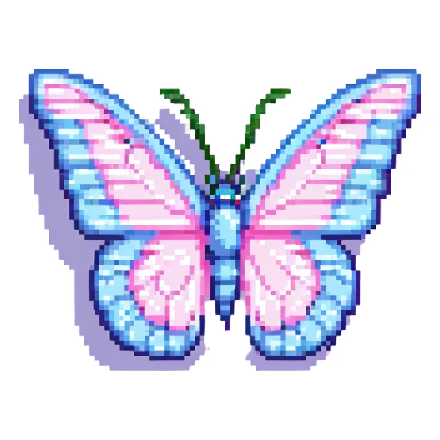butterfly, half blue half pink wings in pixel art style sticker