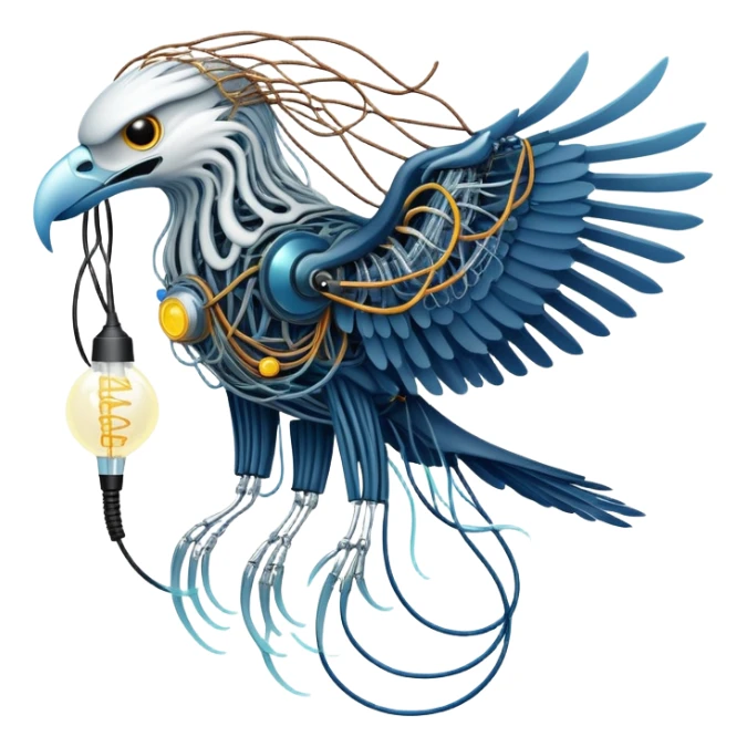 A high-tech eagle made of electric wires and cables with rubber scales that reveal its electric skeleton, possessing both jellyfish-like tendrils and the ability to generate electrical pulses that illuminate the ocean depths. sticker