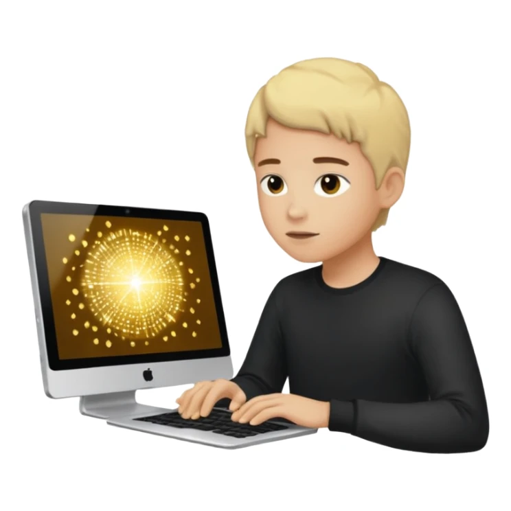 sujeto en su computadora con particulas de dinero alrededor sticker