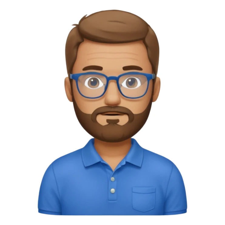 A tanned bearded man wearing glasses and a blue polo sticker