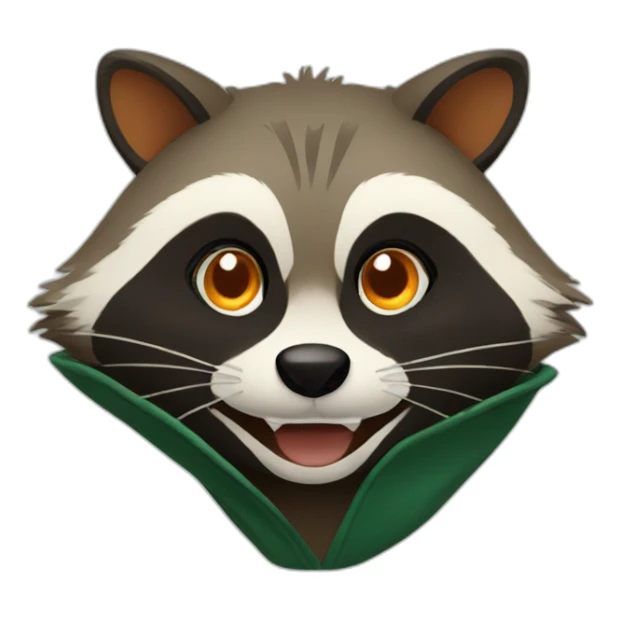 brown raccoon with orange eyes and a dark green hood that is laughing sticker