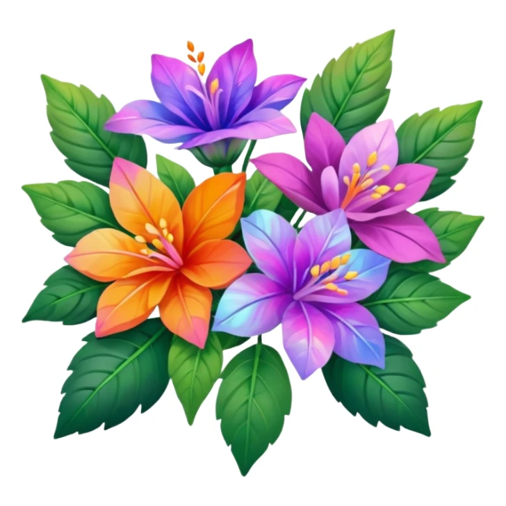 bouquet. resolution of 5000x5800 pixels. transparent background. design should emphasize clean, thin, smooth lines to enhance the visual appeal. Bouquet of lush mixed flowers should be depicted in purple, pink, orange iridescent, holographic, hues. Surround the flowers with realistic leaves, 8k sticker