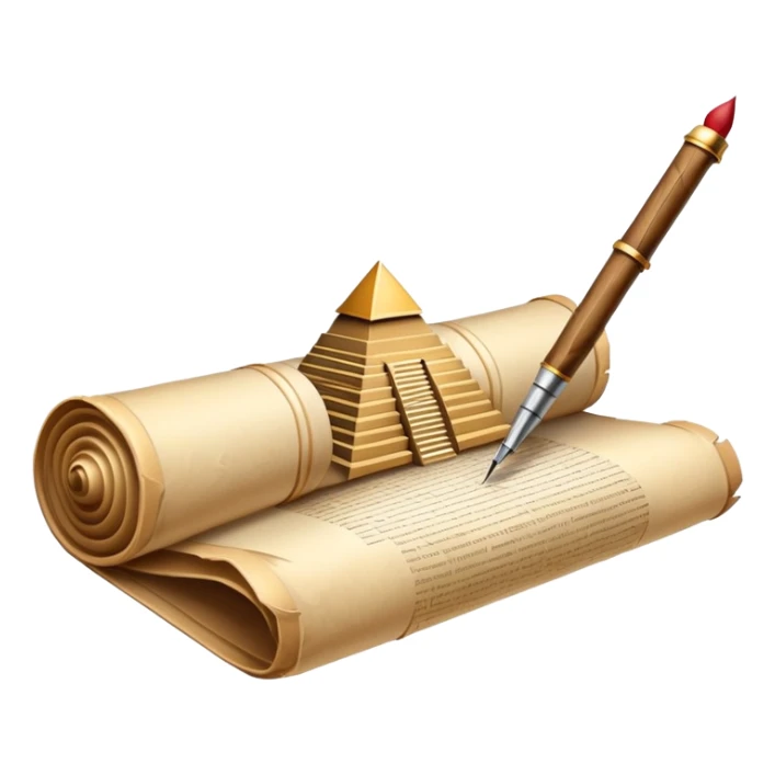 An icon showing a rolled parchment scroll, a quill pen, and ancient landmarks like pyramids and columns in the background. The design symbolizes the study of past civilizations, events, and heritage. Transparent background emphasizes the timeless exploration of human history. sticker