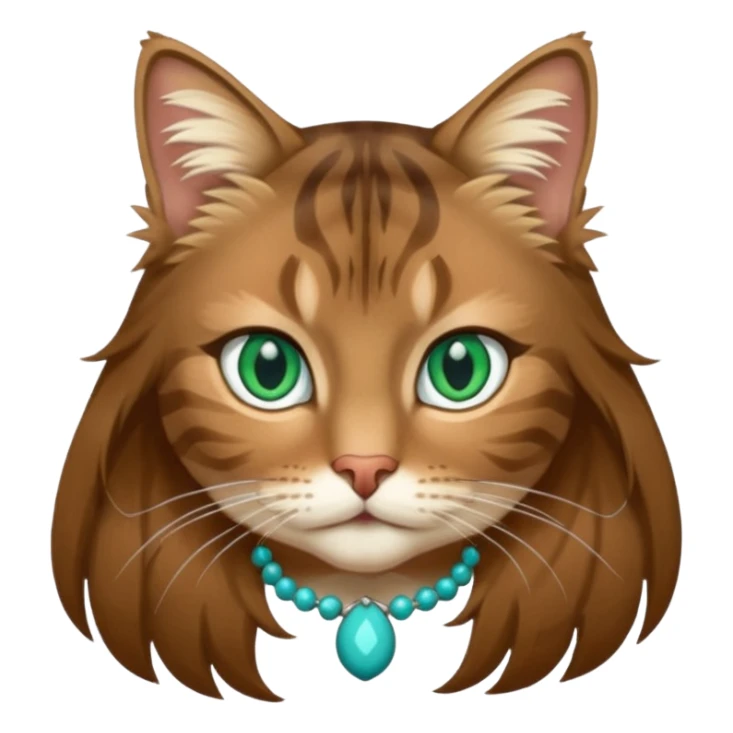 Long-haired brown tabby with big Green eyes, almost a turquoise, a white patch on her chin and a large white patch on her chest she is very very sweet and she generally isn't afraid of people I don't know how how she responds to being outside sticker