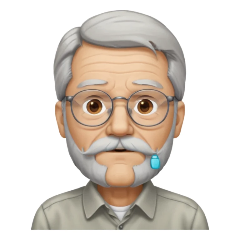 old man with long hair and beard wearing glasses with shirt sticker