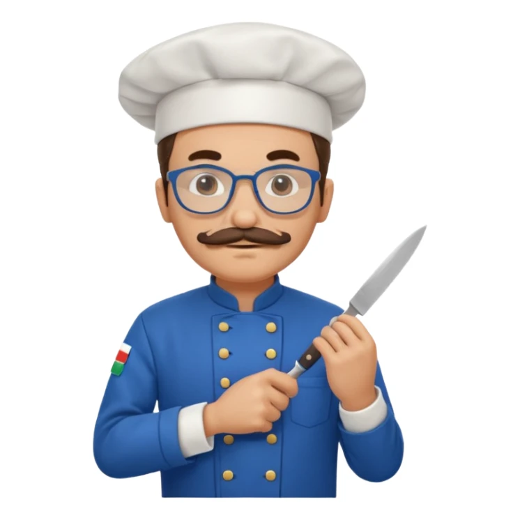 italian chef, blue uniform, with mustace, wearing glasses, holding knife sticker