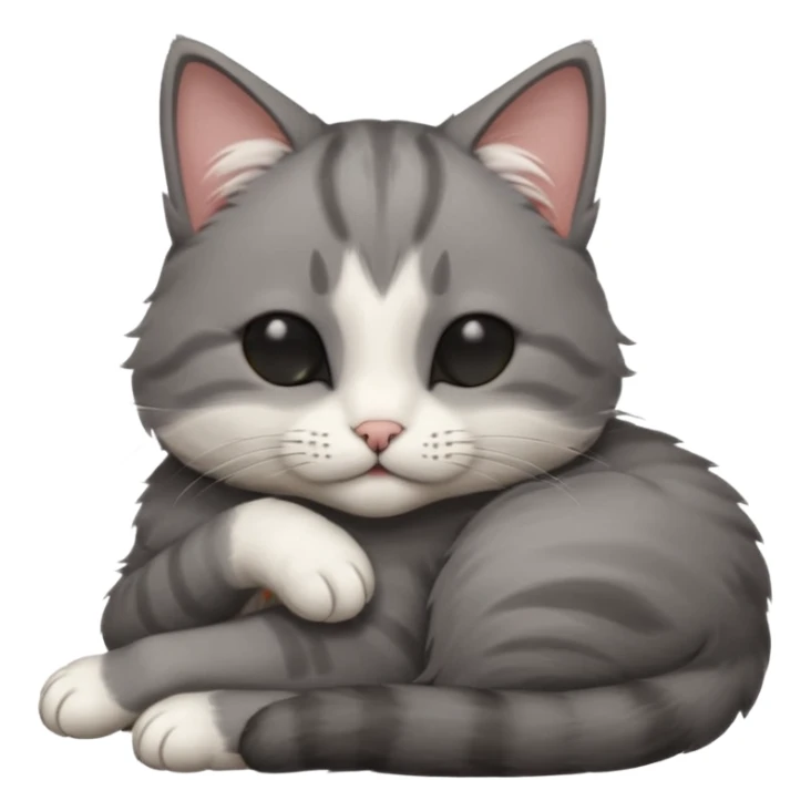 dark grey and white small cat with his eyes closed, leaning his head on his paw while leaning on his elbow lying down sticker