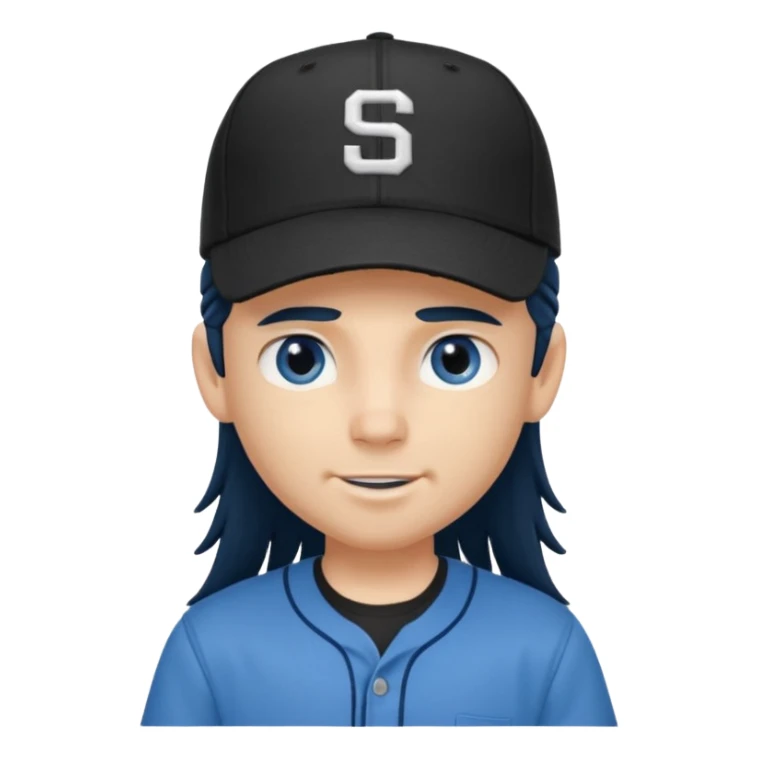 generate a pretty bratz boy wearing a dark blue button up shirt, long black mullet hair. Matching blue baseball cap on head. smirking sticker
