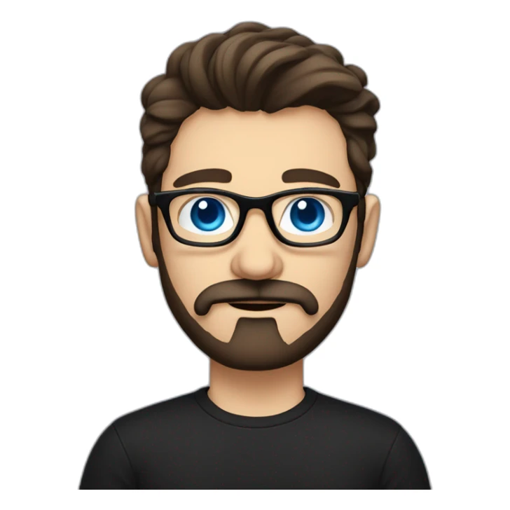 White man with blue eyes and dark brown hair, styled sideways backwards. He has a beard and mustache trimmed and wears a black t-shirt and vintage glasses. sticker