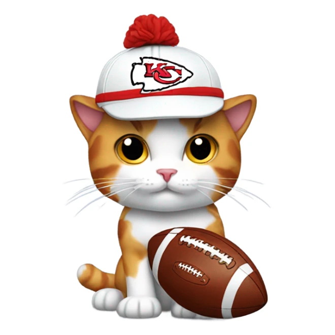 Calico cat holding a football wearing a chiefs hat sticker