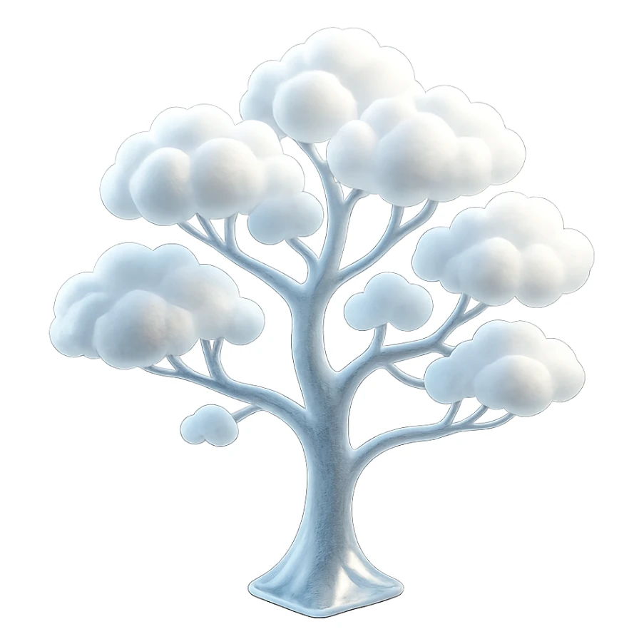 one tree with many branches and a white trunk, crown made of small very bright white fluffy convex clouds, matte glass style sticker