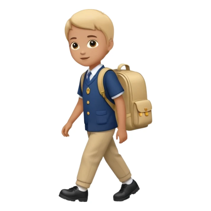 Picture → Child with school bag going to school
Label → “I go to school.” sticker