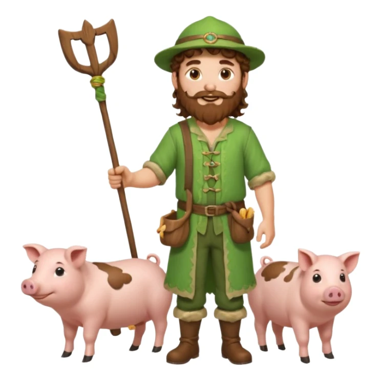 happy young shepard with long curly brown beard and long curly brown hair, in green magical outfit, with wooden shepard stick in hand, taking care of pigs sticker