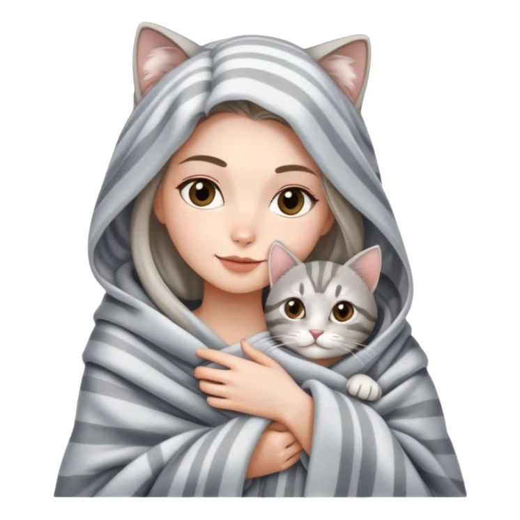 A beautiful woman wrapped in a blanket holding a silver tabby sticker
