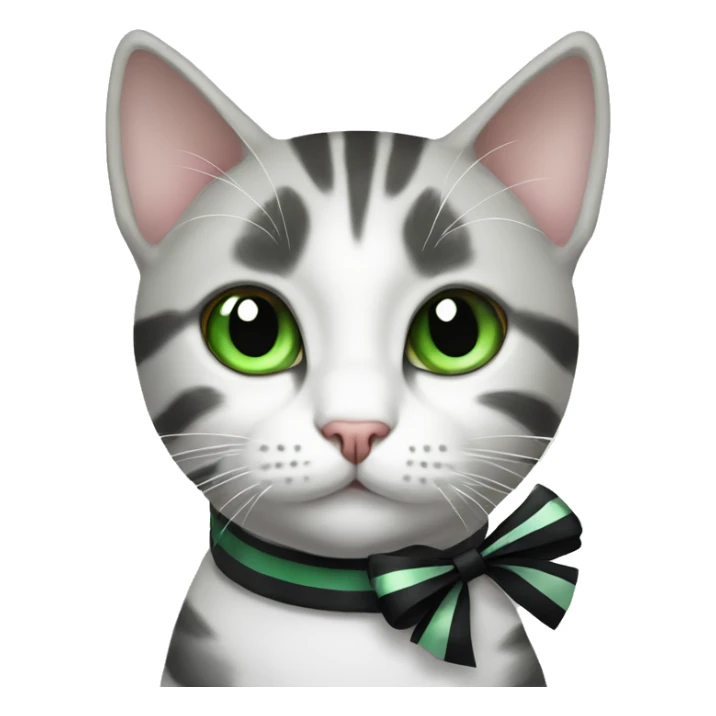 Cat with green eyes white cat with grey patches and black stripes with a bow sticker