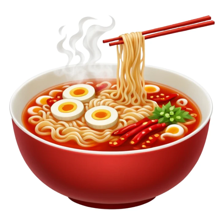 steaming ramen bowl with red broth and chili slices sticker