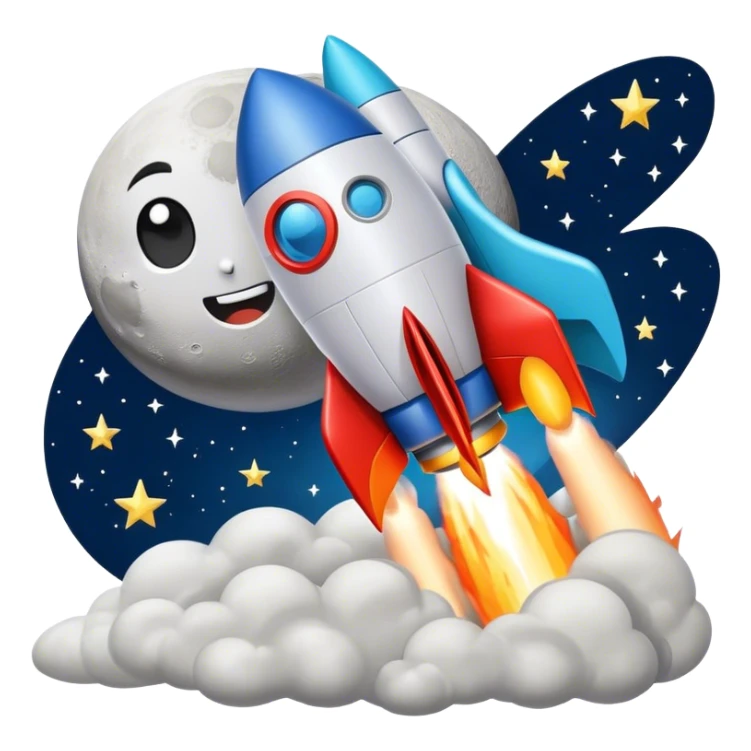 A rocket taking off and landing on the moon but it's the go puff logo sticker