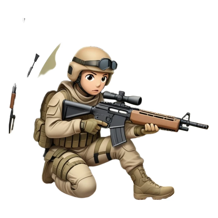 A tactical player in camouflage gear, crouched behind cover with a rifle aimed, ready for action. The scene is set in an outdoor field, with strategic obstacles and soft sunlight, conveying the intensity and teamwork of a competitive airsoft match. sticker