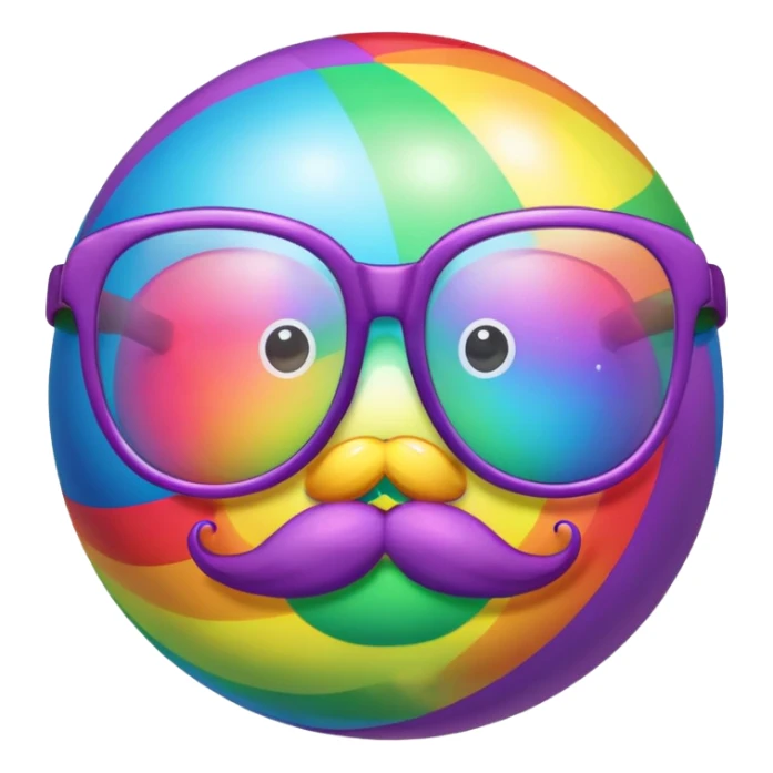 a rainbow ball with a mustache and glasses and a bow sticker