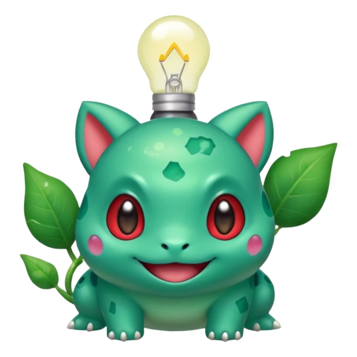 cute Bulbasaur Pokémon, rednote emoji style, sparkling eyes, small bulb on back, happy inviting expression, green and teal colors sticker