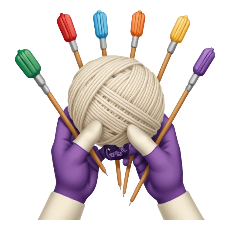 hands holding 2 knitting needles (1 on the right hand and another one on the left hand) with a ball of knitting thread (without a person's face) sticker