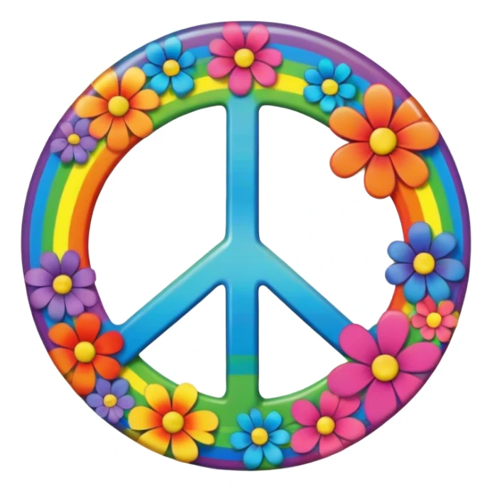 A round psychedelic colored button that says Peace with rainbow colored hippie style flowers sticker