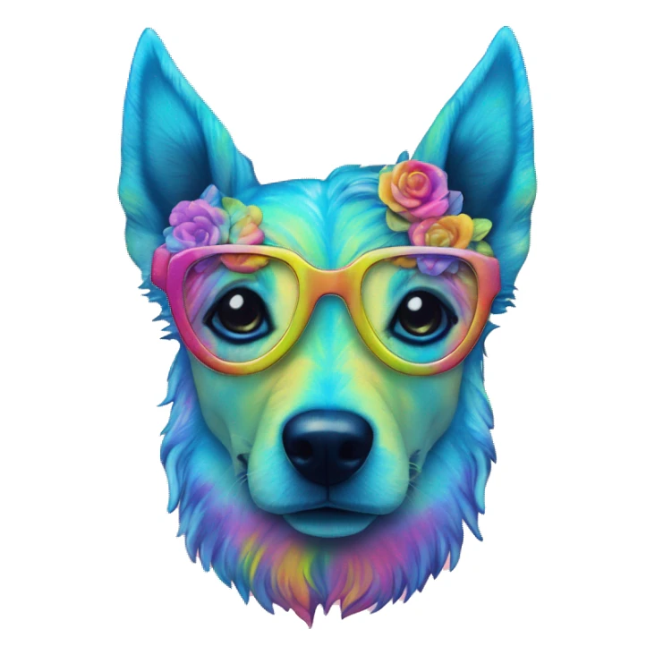 Multicolored rainbow retro groovy tie dye hippie trippy floral patterns on a metallic holographic iridescent blue dog face head unicorn sticker