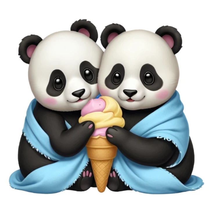 Pandas hugging and sharing ice cream wrapped in blanket  sticker