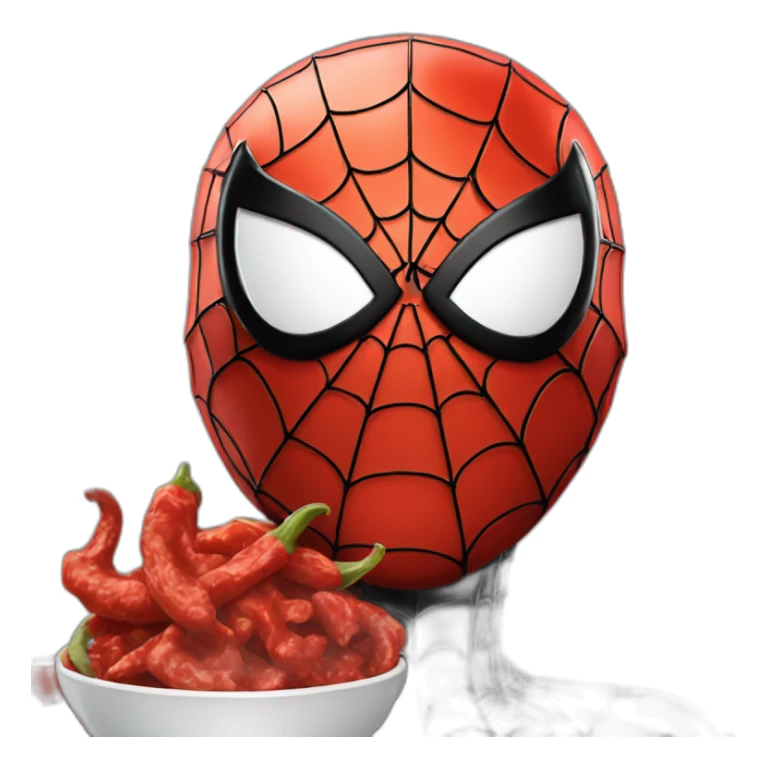 spider-man with his black white and silver suit eating a red hot chili sticker