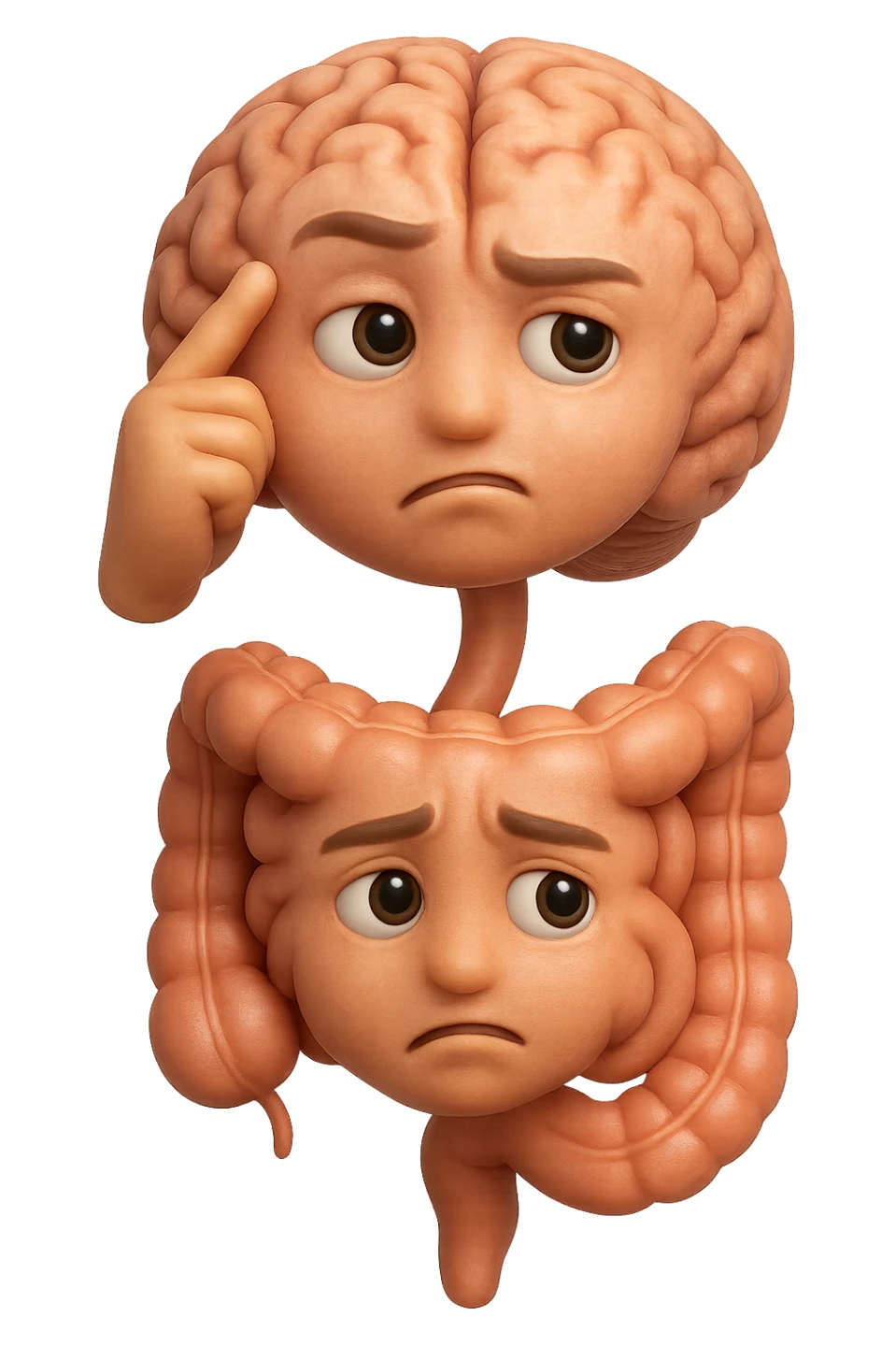 EMOJI STILE IPHONE 3D DI cervello e intestino umani collegati verticalmente con espressione dubbiosa in volto E FALLO MOLTO REALISTICO IN 3D sticker