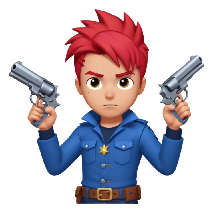 Colt from Brawl Stars, aiming his revolvers, energetic expression, spiky red hair, blue outfit sticker