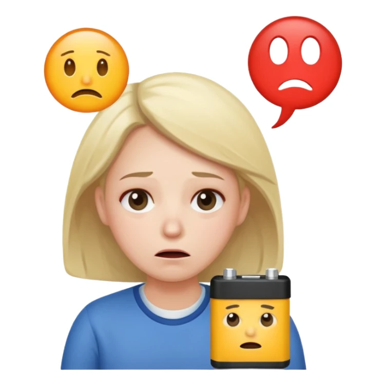A kindergardenteacher with an empty battery icon above their head an exhausted and stressed face sticker