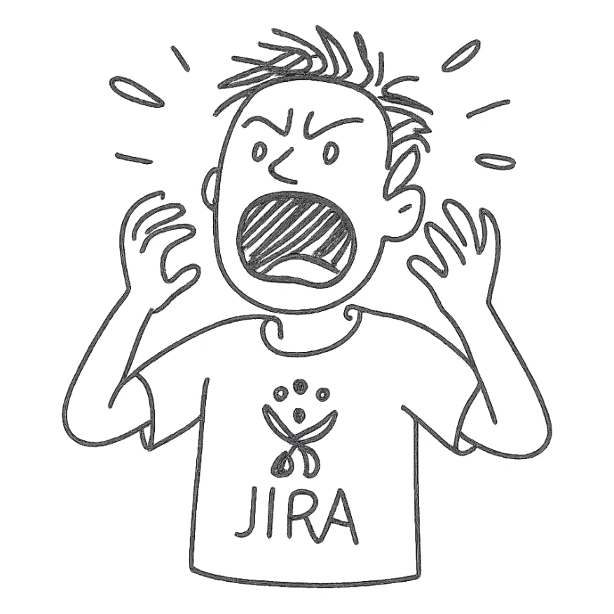 screaming IT guy wearing an Atlassian Jira t-shirt, hand drawn outlined icon sticker