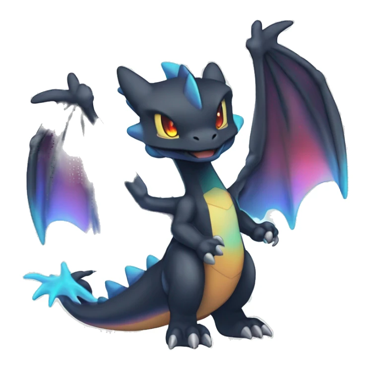 Black shiny chibi Mega-Charizard-X-Raptor-Fakémon with nebula-gradient colors full body sticker