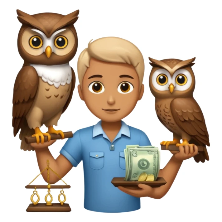 holding money and scale with two mascot owl sticker
