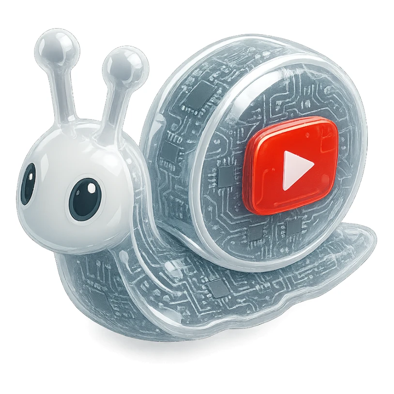 white robot snail with YouTube play button, glossy circuit style sticker