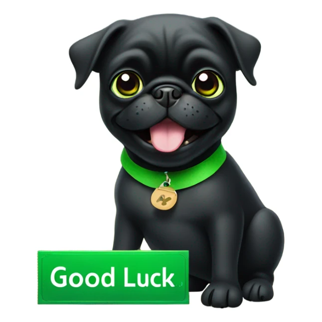 Black pug holding a green sign that says good luck  sticker