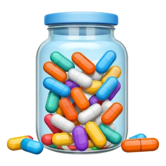 pills in a jar and scattered nearby sticker