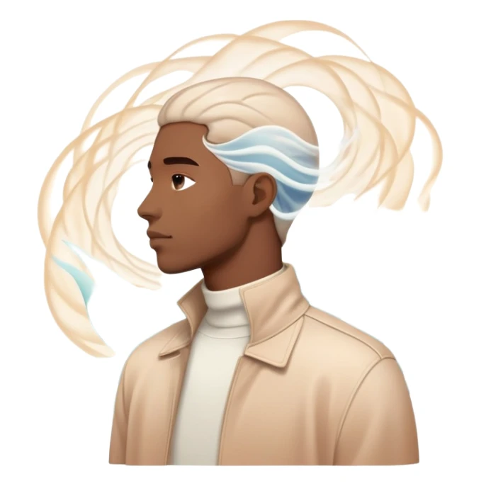 Minimalist male profile surrounded by ethereal energy waves with clothing items and accessories floating around it, style inspiration concept sticker