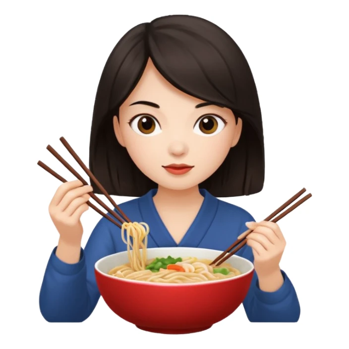 chica joven con piel clara y pelo oscuro comiendo un bowl de comida sticker