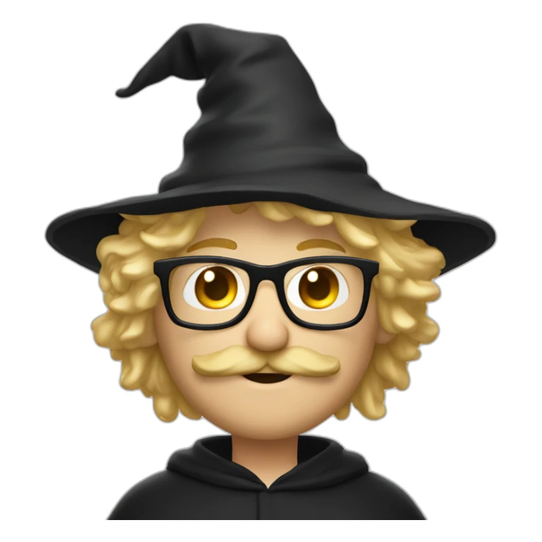 A man with blond messy hair and a mustache, wearing a black squared shaped eye glasses, wizard hat, black  robe sticker
