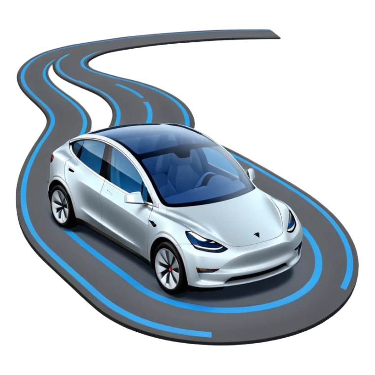 A Tesla Model Y parallel parking with a blue trajectory showing the planned path sticker