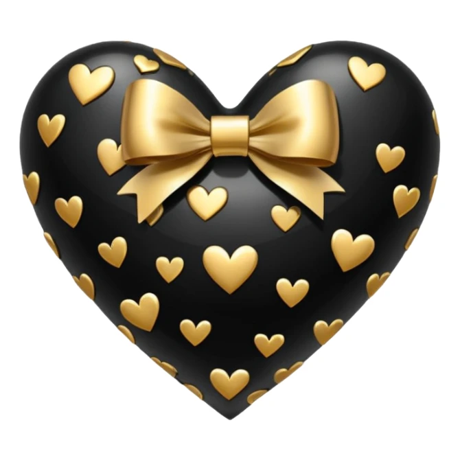 glossy black heart with a gold bow and heart pattern on the bow, in a pointed heart shape sticker