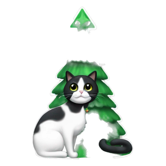 Green christmas tree with a black and white cat hanging off it sticker