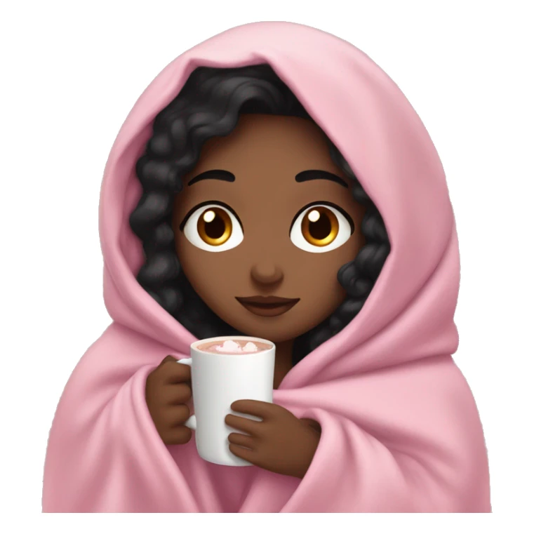 black haired girl snuggled up in a pink blanket drinking hot chocolate  sticker