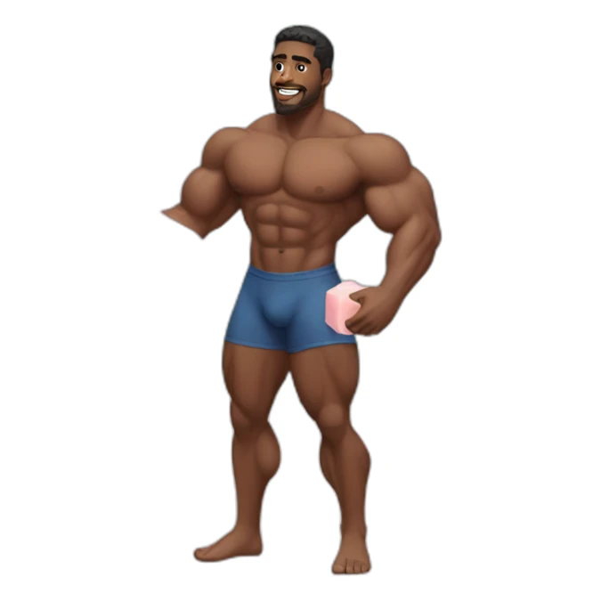 black muscular man picking up a pink soap sticker