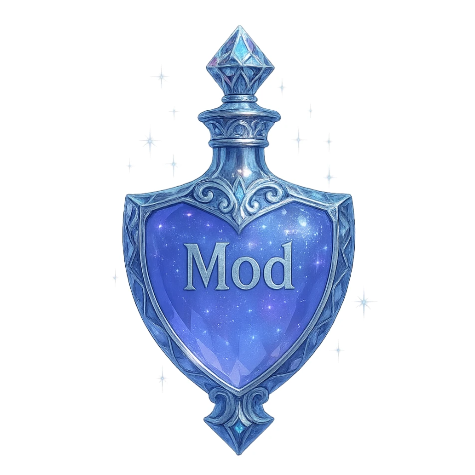 luxurious crystal elixir bottle in shield shape, color #7986cb, ornate silver and iridescent details instead of gold, magical glowing and sparkling effects, very small neck, seamless bottom, transparent background, bottle floating in air, no base or shadow, modern collection style, the word 'Mod' written on the bottle sticker